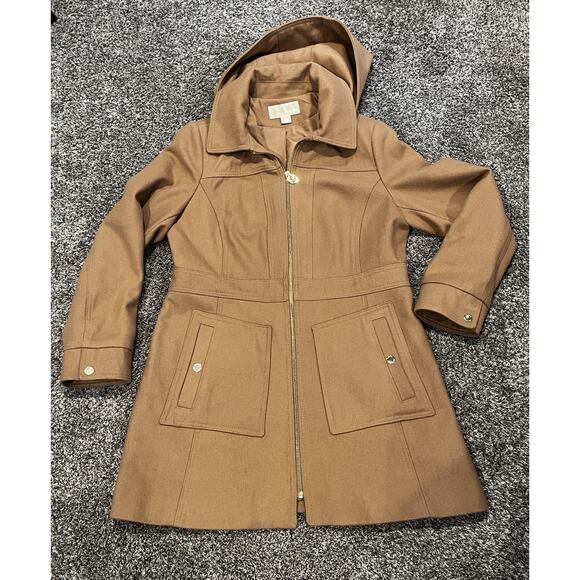 Michael Kors Beige Camel Tan Wool Blend Trench Overcoat Detachable Hood Womens L - Picture 2 of 15